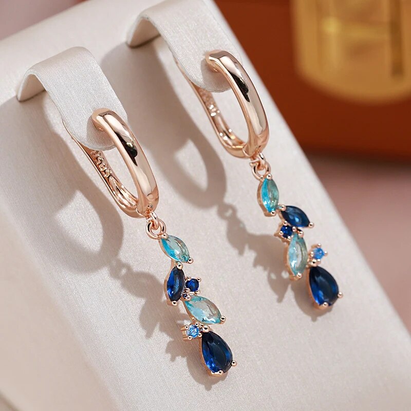 Elegant Dangling Blue Leaf Crystal Earrings