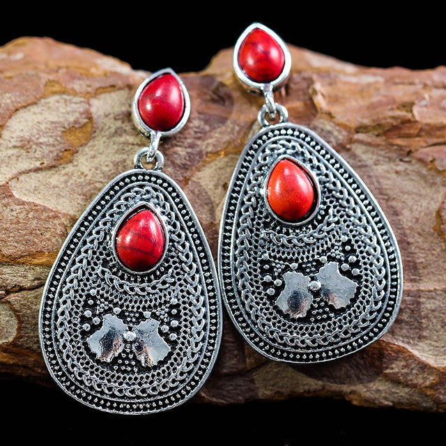 Boho Red Natural Stone Earrings in Silver