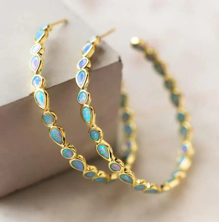 Vintage Blue Opal Golden Hoop Earrings