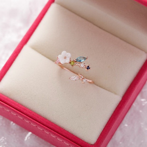 Adjustable White Blossom with Colorful Crystals Ring