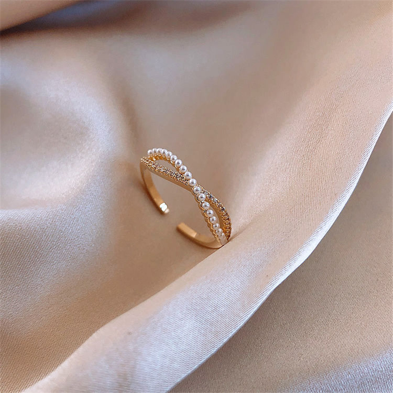 Adjustable Braided Pearl and Zirconia Ring