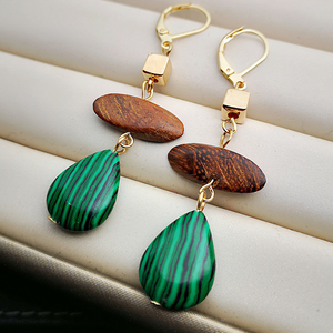 Boho Pendant Earrings with Green Stone in GOld