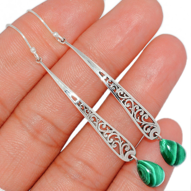 Boho Pendant Earrings with Green Stone in Silver