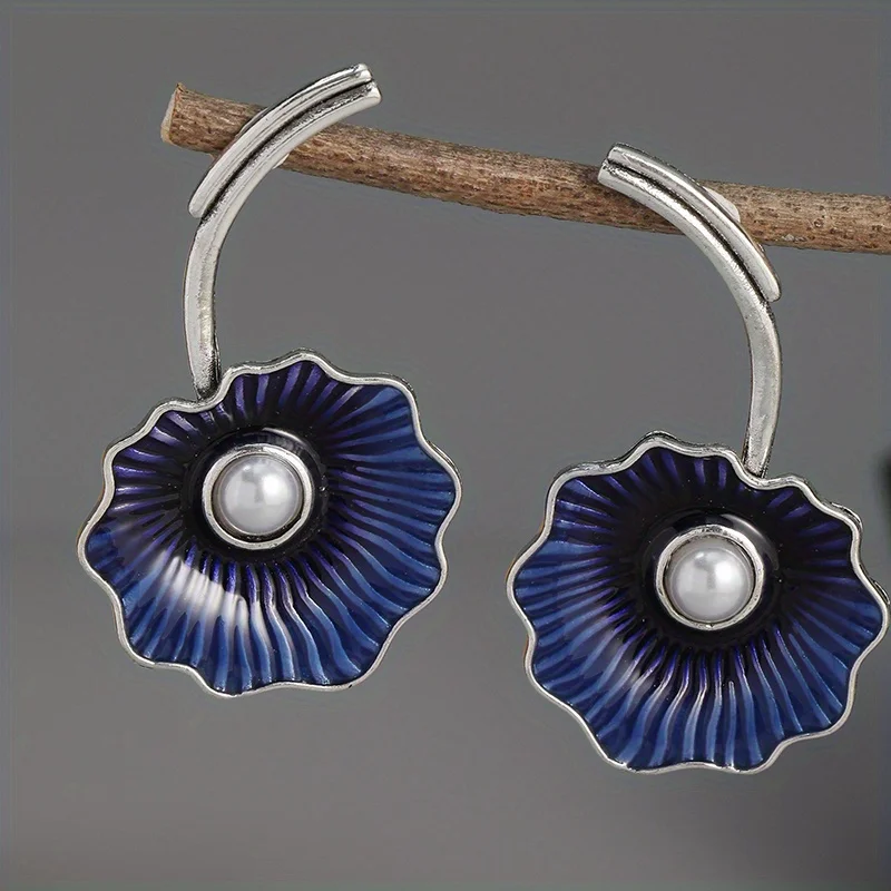 Vintage Blue Lotus Pearl Earrings