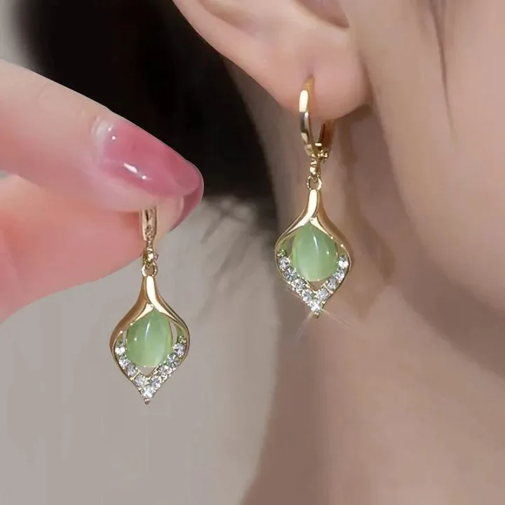 Golden Green Crystal Elegant Earrings