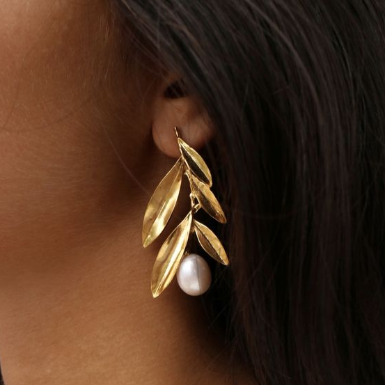 Vintage Golden Leaf Pearl Earrings