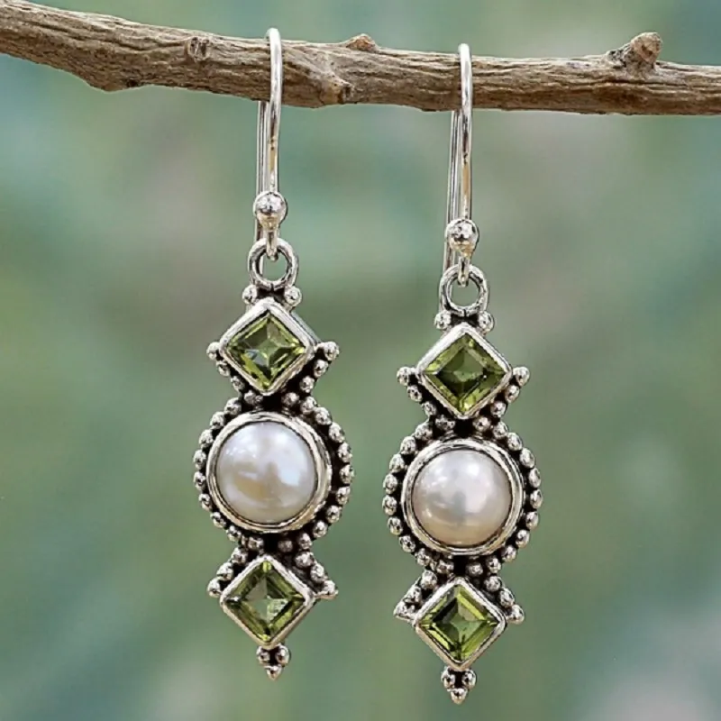 Vintage Pearl Dangling Green Crystal