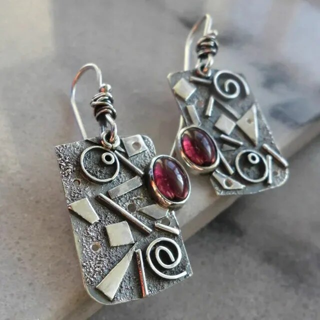 Vintage Red Crystal Rectangular Earrings