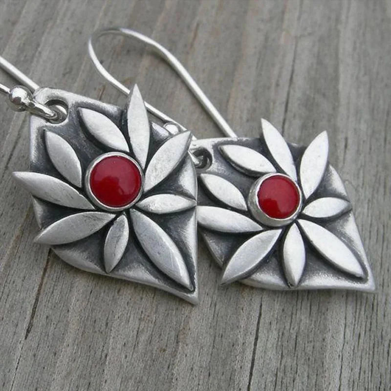 Vintage Red Stone Blossom Silver