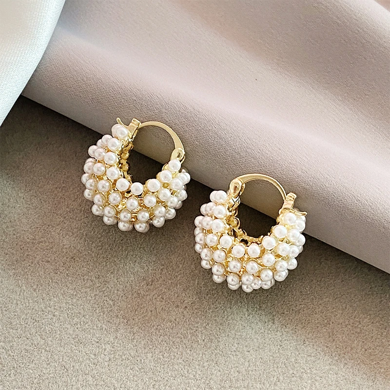 Elegant Inlaid Pearl Basket Golden Earrings