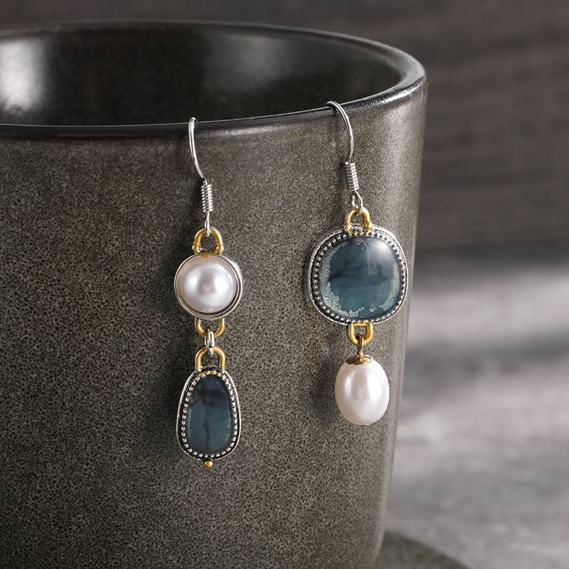 Vintage Blue Stone Pearl Earrings