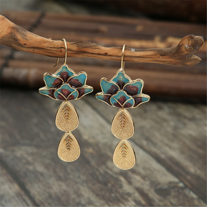 Vintage Blue & Gold Lotus Earrings