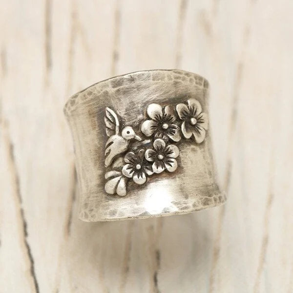 Bird Flower Wide Band Ring