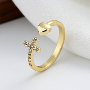 Adjustable Heart Ring with Zirconia Cross