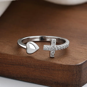 Adjustable Heart Ring with Zirconia Cross