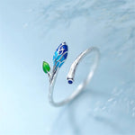 Enamelled Ring with Blue Flower Leaves in Silver