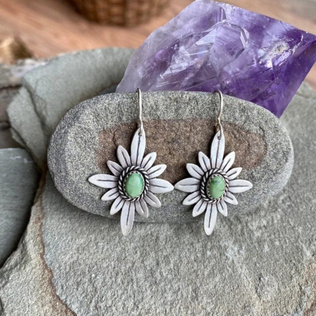 Silver Floral Earrings with Green Opal Stone