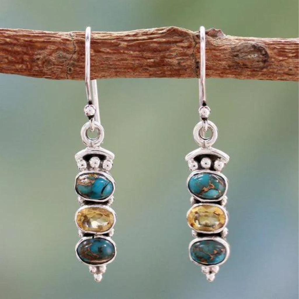 Blue and Yellow Opal Earrings in Sterling Silver