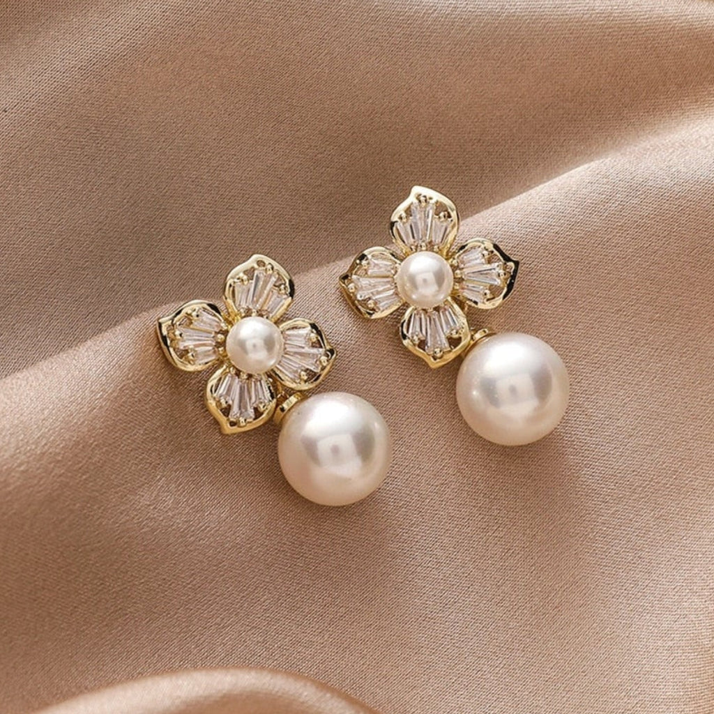 Crystal Flower Earrings with  Pearls