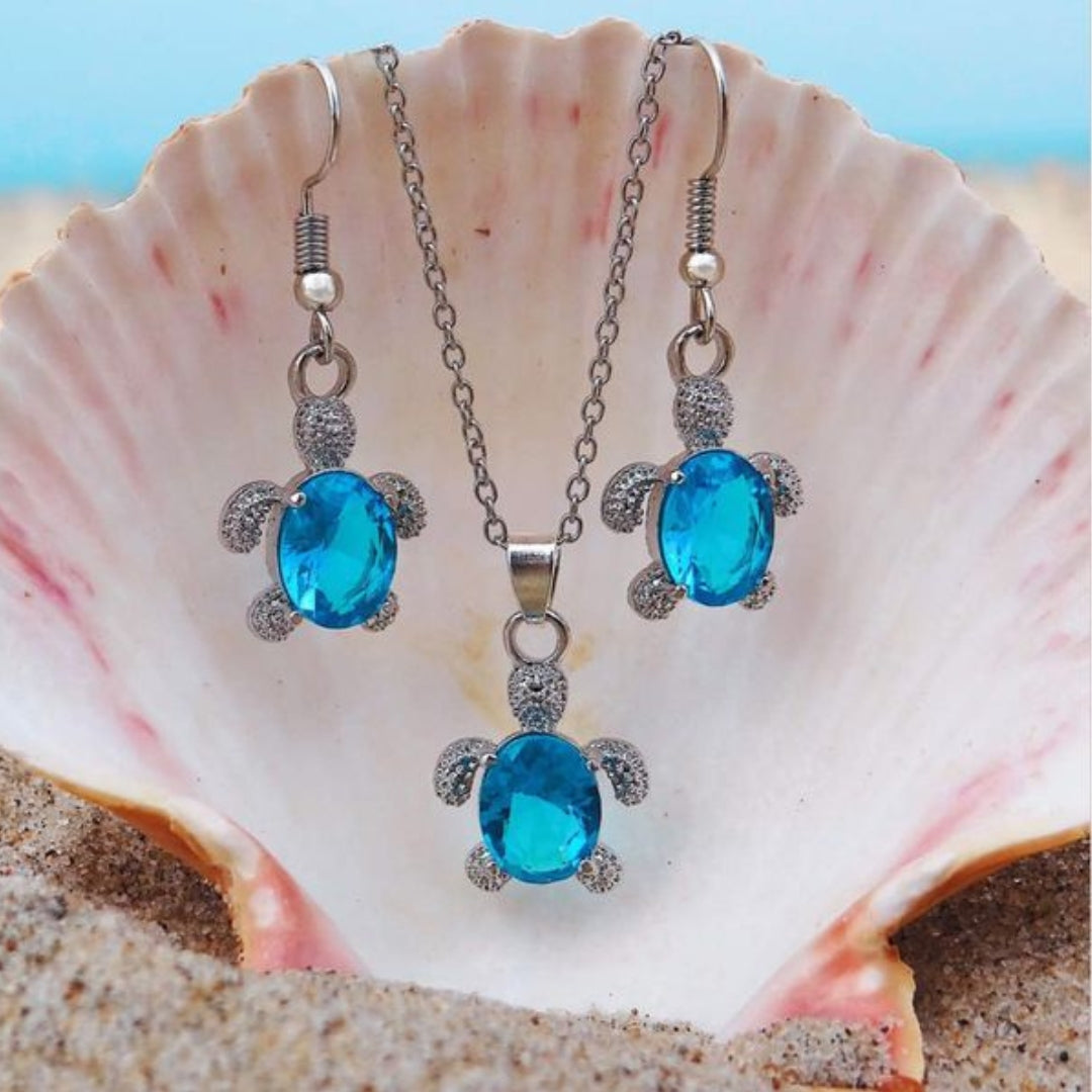 Set of Earrings + Necklace of Crystal Turtles with Zircons in Sterling Silver