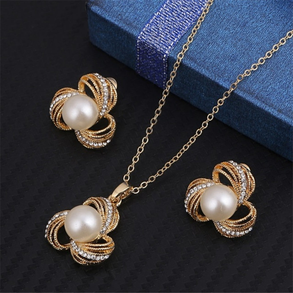 Pearl and Zirconia Necklace + Earrings Set in Gold