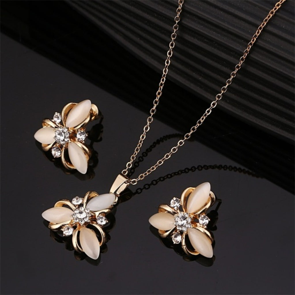 Opal and Zirconia Floral Necklace + Earrings Set in Gold