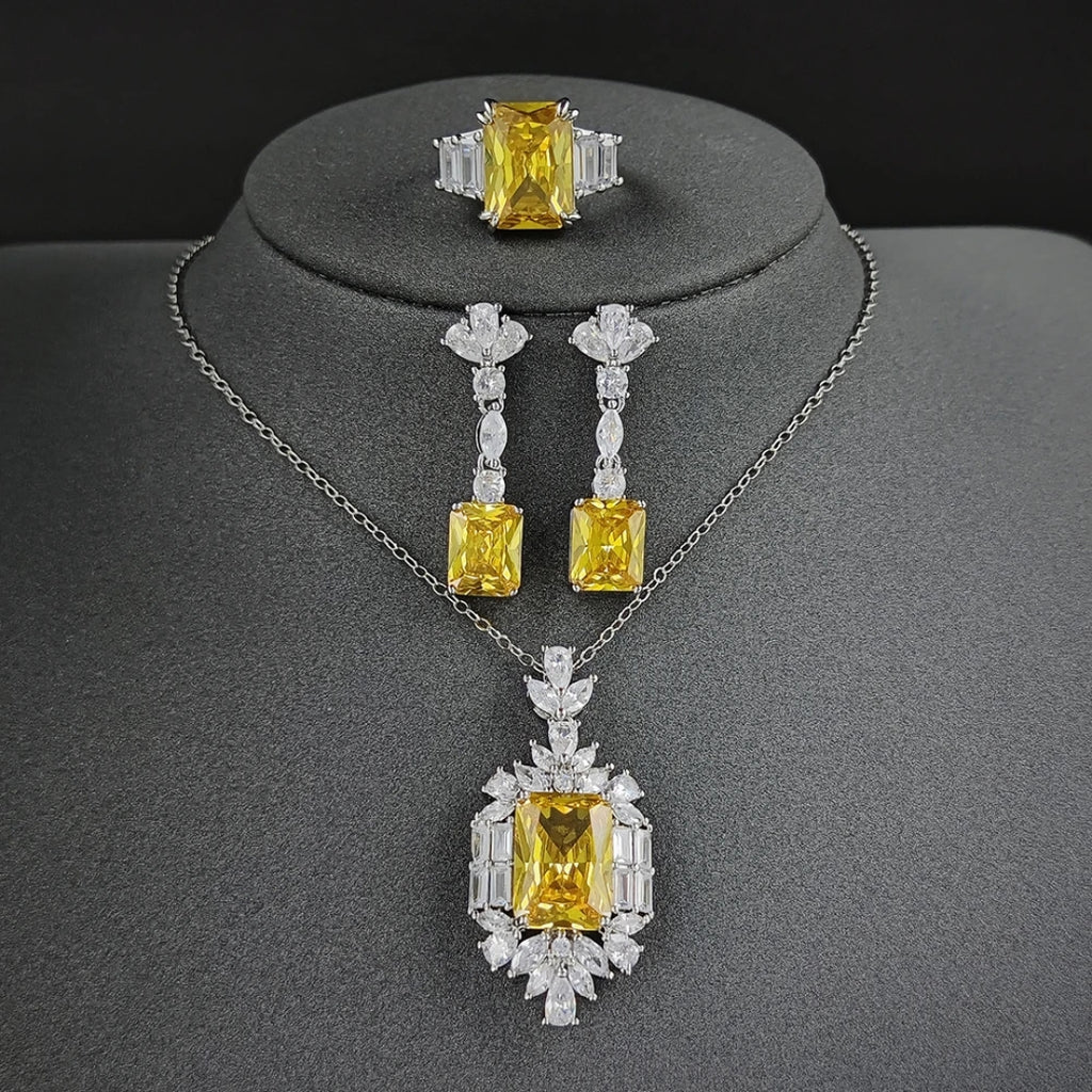 Set Necklace + Earrings Yellow Crystal and Zirconia in Silver