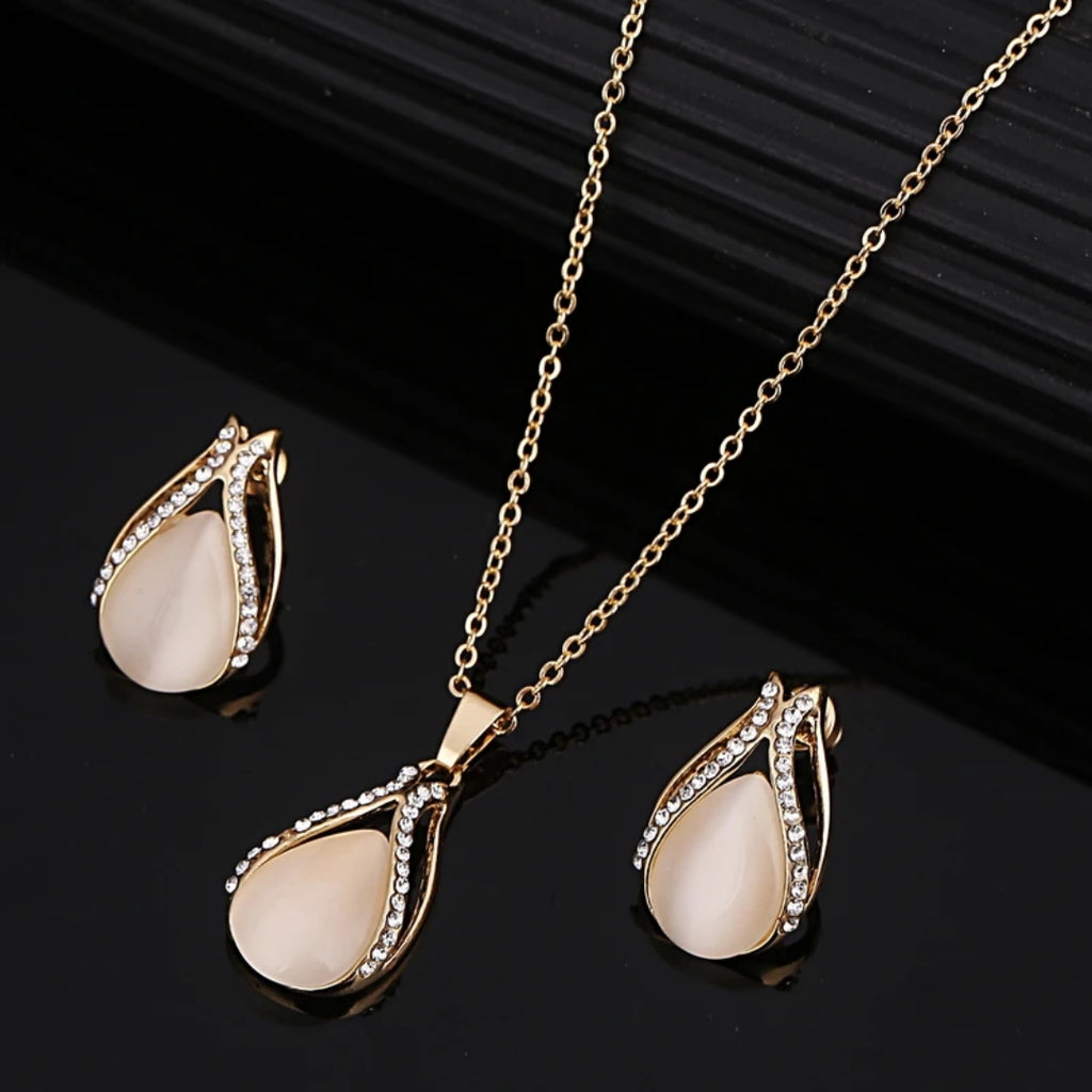 Set Necklace + Earrings Opal Drop with Zirconia in Gold