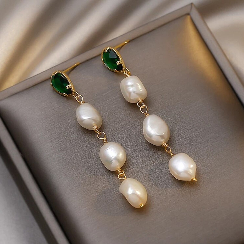 Pearl Pendant Earrings with Green Zirconia in Gold