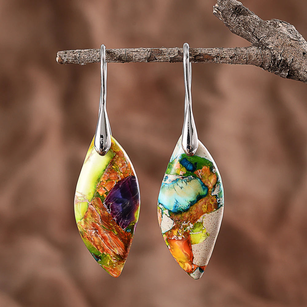 Multicoloured Stone Pendant Earrings in Gold and Silver