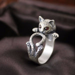 Adjustable Hand Painted Cat Ring in 925 Sterling Silver