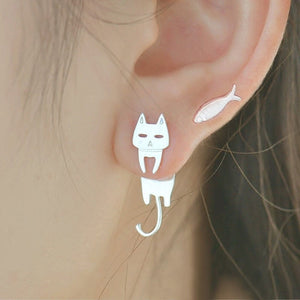 Silver Climbing Kitty Earring