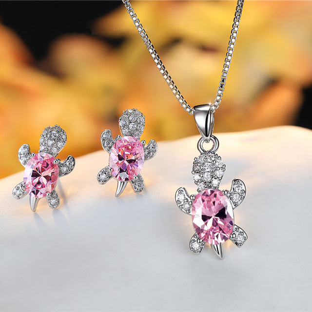 Set of Earrings + Necklace of Crystal Turtles with Zircons in Sterling Silver