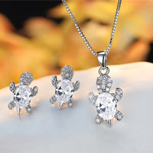 Set of Earrings + Necklace of Crystal Turtles with Zircons in Sterling Silver