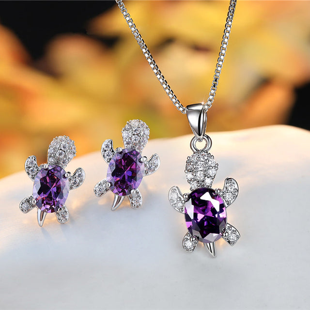 Set of Earrings + Necklace of Crystal Turtles with Zircons in Sterling Silver