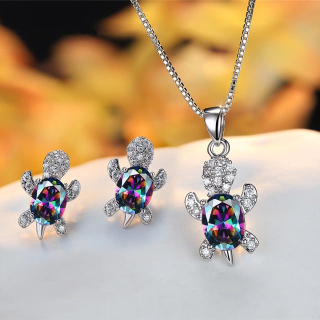 Set of Earrings + Necklace of Crystal Turtles with Zircons in Sterling Silver