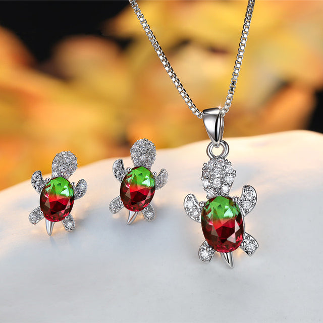 Set of Earrings + Necklace of Crystal Turtles with Zircons in Sterling Silver