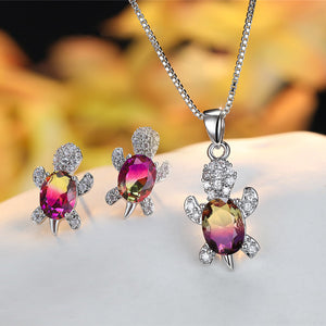 Set of Earrings + Necklace of Crystal Turtles with Zircons in Sterling Silver