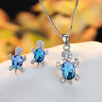 Set of Earrings + Necklace of Crystal Turtles with Zircons in Sterling Silver