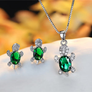 Set of Earrings + Necklace of Crystal Turtles with Zircons in Sterling Silver