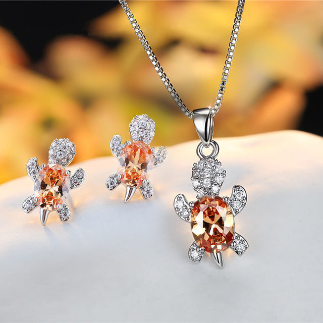 Set of Earrings + Necklace of Crystal Turtles with Zircons in Sterling Silver