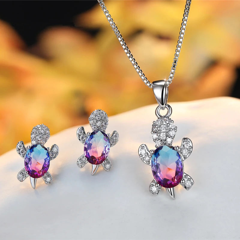 Set of Earrings + Necklace of Crystal Turtles with Zircons in Sterling Silver