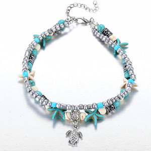 Turtle Anklet Bracelet with Seashells in Sterling Silver