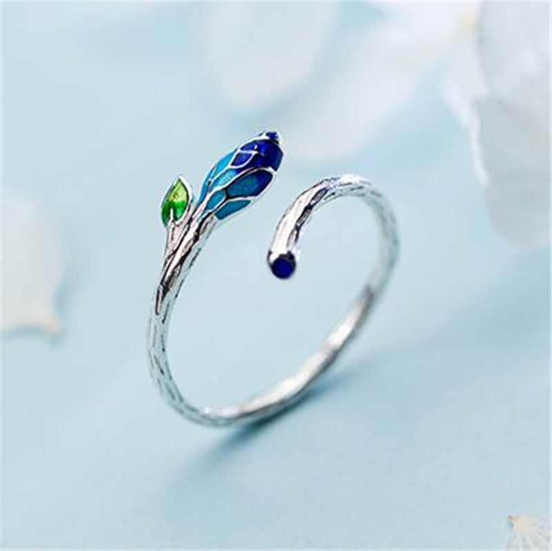 Silver Ring with Enamel Leaves