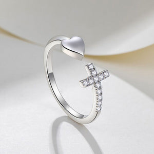 Adjustable Heart Ring with Zirconia Cross