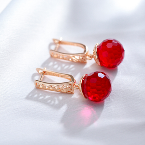 Elegant Red Crystal Ball Earrings in Gold