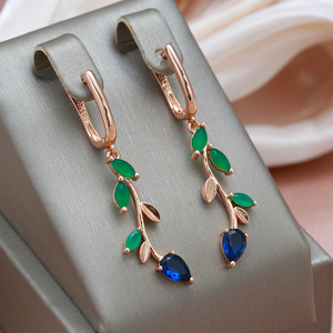 Green and Blue Crystal Gold Earrings