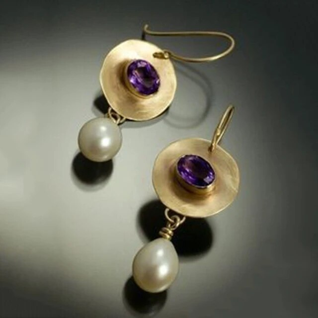 Vintage Golden Purple Zirconia Pearl Earrings