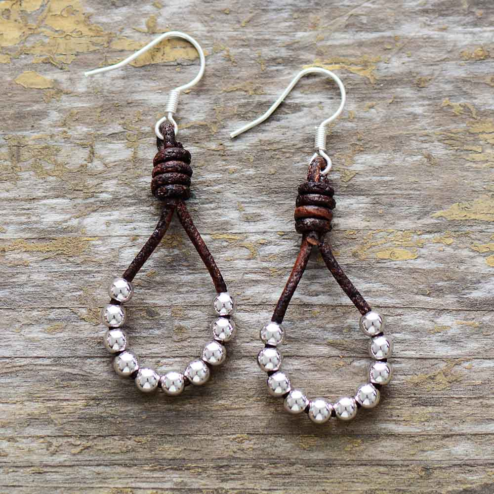 Vintage Silver Beads Leather Earrings